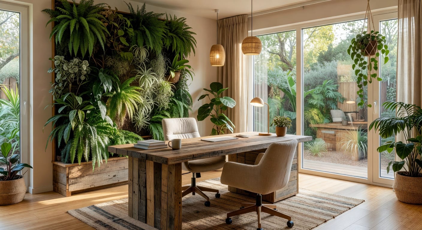 A cozy, modern home office interior with sustainable design elements, featuring large windows with natural light, a green wall with lush plants, a wooden desk made of recycled materials, and a warm, inviting atmosphere with soft lighting.