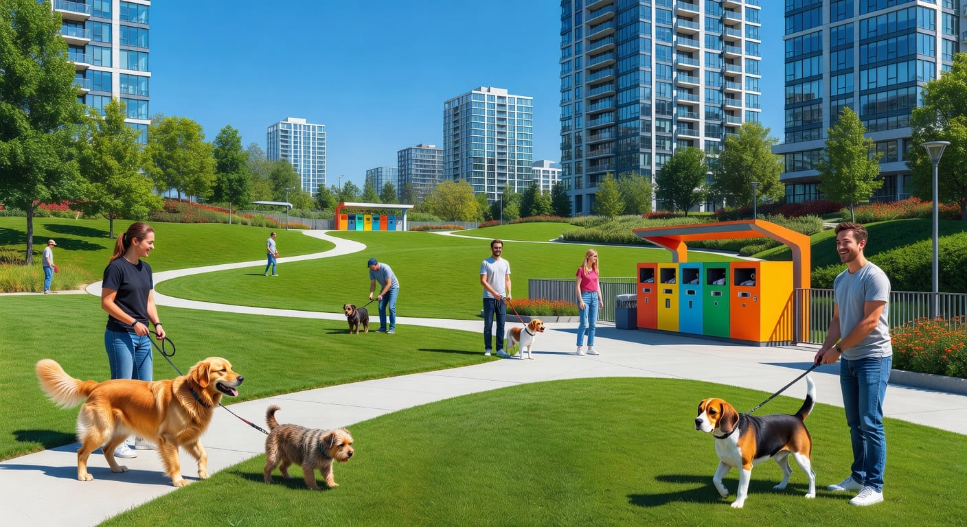 Een modern stadspark met een speciale uitlaatplek voor honden, geïntegreerd in een duurzame woonomgeving.