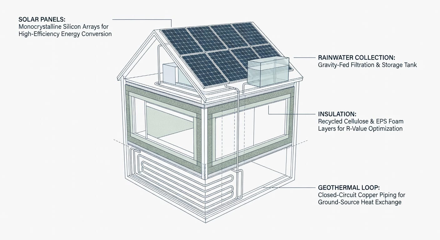 A detailed digital illustration in a clean, minimalistic style showing a cross-section of a sustainable building, highlighting energy-efficient systems like solar panels, rainwater collection, and insulation materials, with labeled callouts in a blueprint aesthetic.