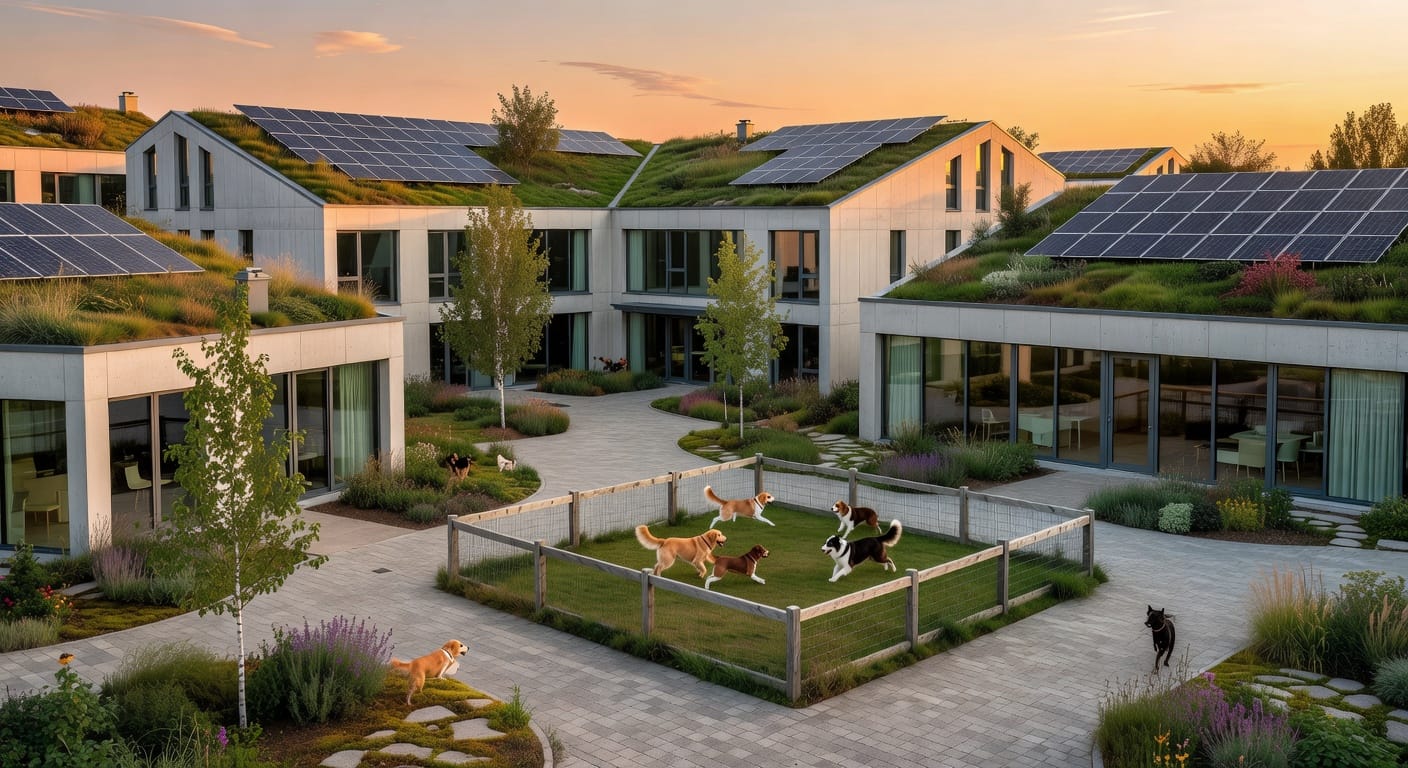 Een duurzaam wooncomplex met groene daken en een aparte hondenweide voor een schone en leefbare buurt.