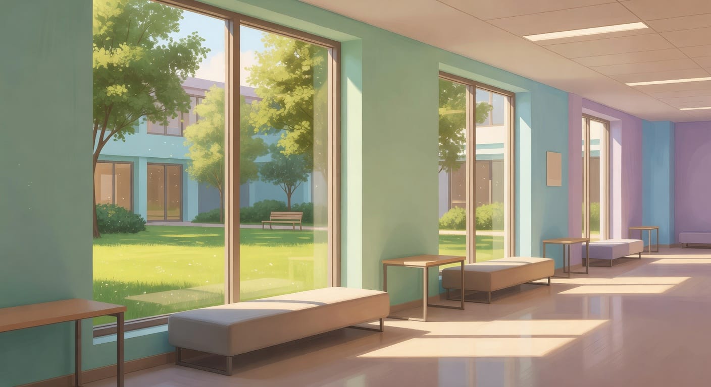 Natuurlijk licht en groene elementen creëren een rustgevende omgeving in dit ziekenhuis.