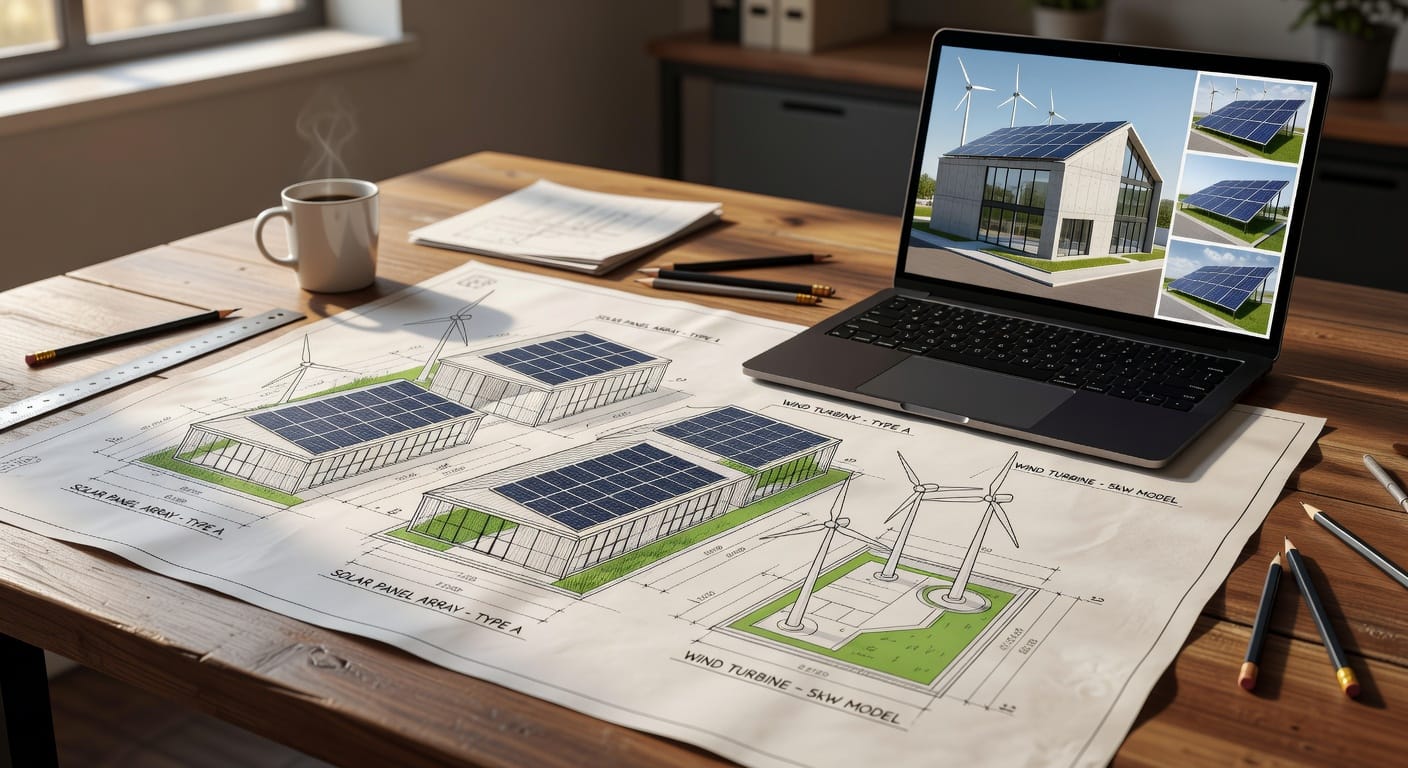 Een architecturaal plan voor duurzaam vastgoed, met focus op innovatieve groene technologieën.
