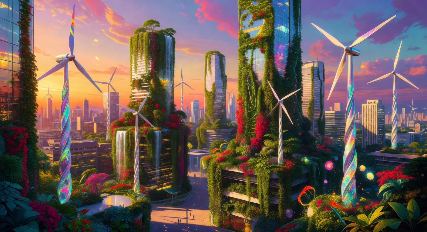 Een visie op de toekomst: een stad vol groene gebouwen en hernieuwbare energie.